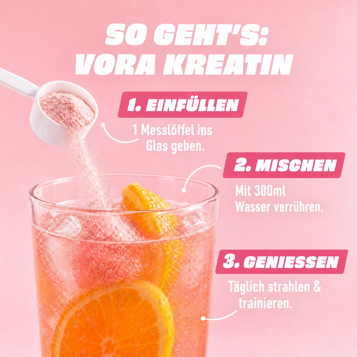 VORA Anwendung – 1 Scoop täglich in 240 ml Wasser einrühren